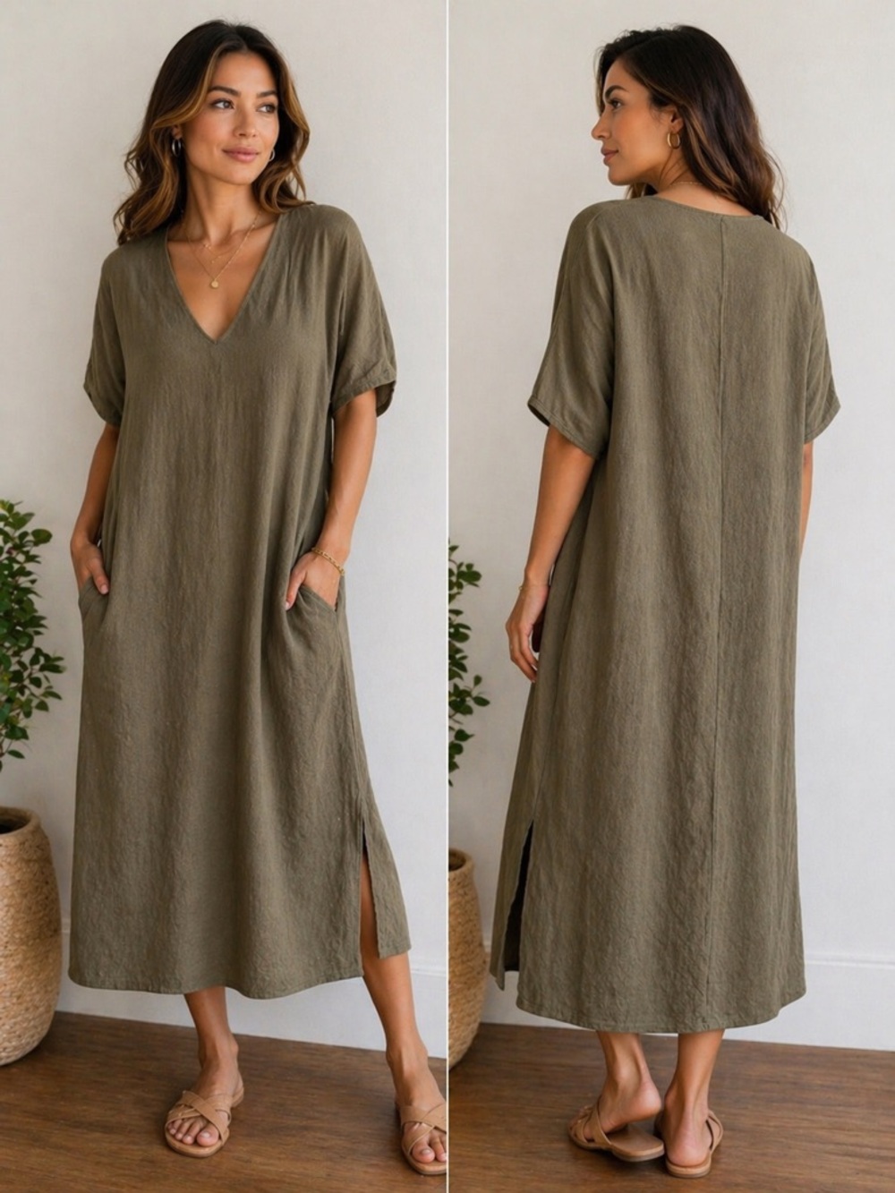 Suzanne Somers Taupe Lagenlook Linen Blend Modest Midi Dress Pockets V-Neck
